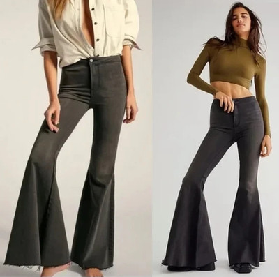 Free People  Just Float On  Flare Jeans- Black High-Rise Bell Bottoms 24 Raw Hem