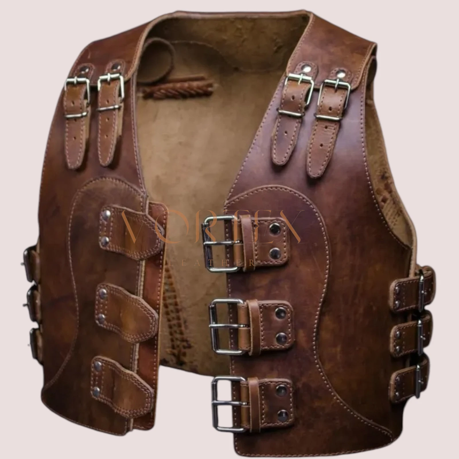 Men's Brown Leather Vest Genuine Cow Leather Vest Cowboy Style Leather Vest