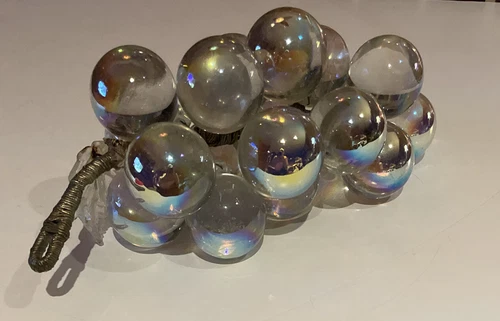 Vntg  MCM Hand Blown Murano (?) Clear Glass Grapes Cluster Metallic Wire Branch
