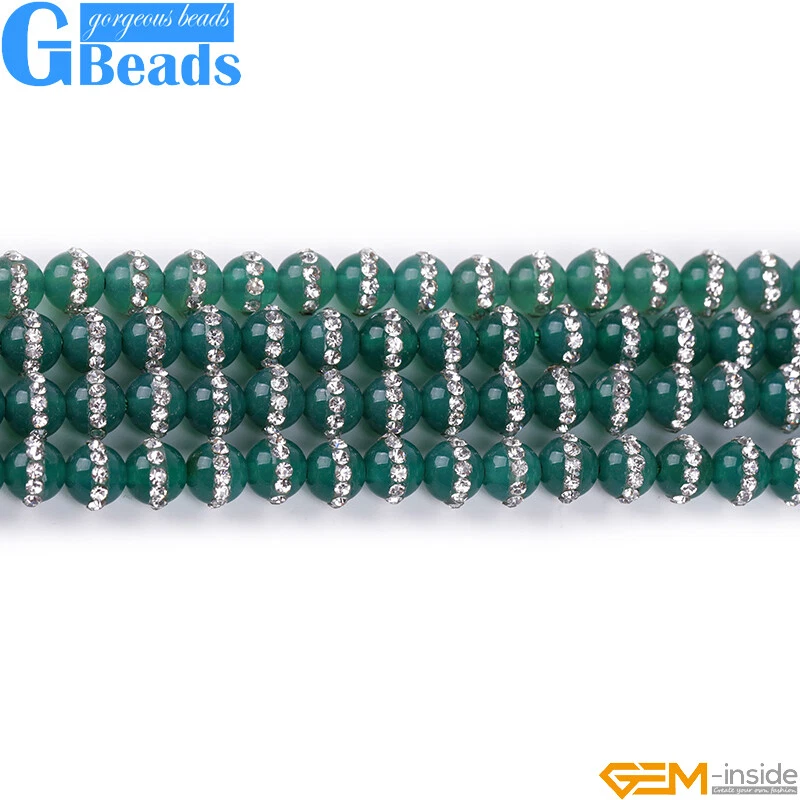 Cuentas redondas con incrustaciones de diamantes de imitación pavimentados de cristal de ágata verde para hacer joyas de 15" Foto 3 de 4