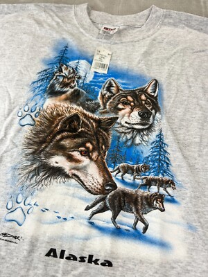 Vintage 90's Wolf Pack ALASKA Nature Destination T-Shirt Size L DEADSTOCK NEW!!