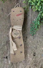 NEW PRIMITIVE SNOWMAN DOLL FROSTY Christmas 9" T x 3"WT Tea Stained Winter Bells