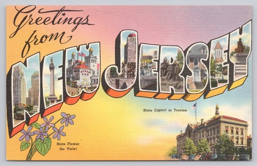 New Jersey, Large Letter Greetings, State Capitol & Violets, Vintage Postcard