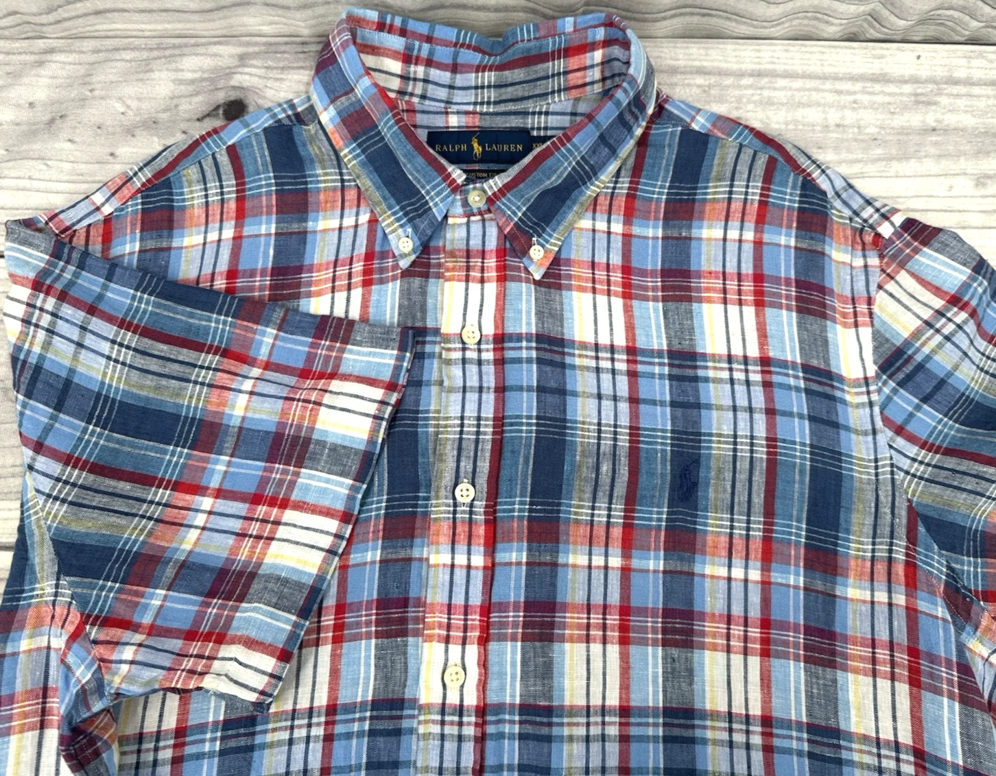 RALPH LAUREN BUTTON FRONT SHORT SLEEVE LINEN SHIRT Men's Size XXL RED/BLUE PLAID