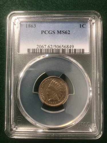 1863 Indian Cent, Penny, PCGS MS62, Copper Nickel, Stong Luster