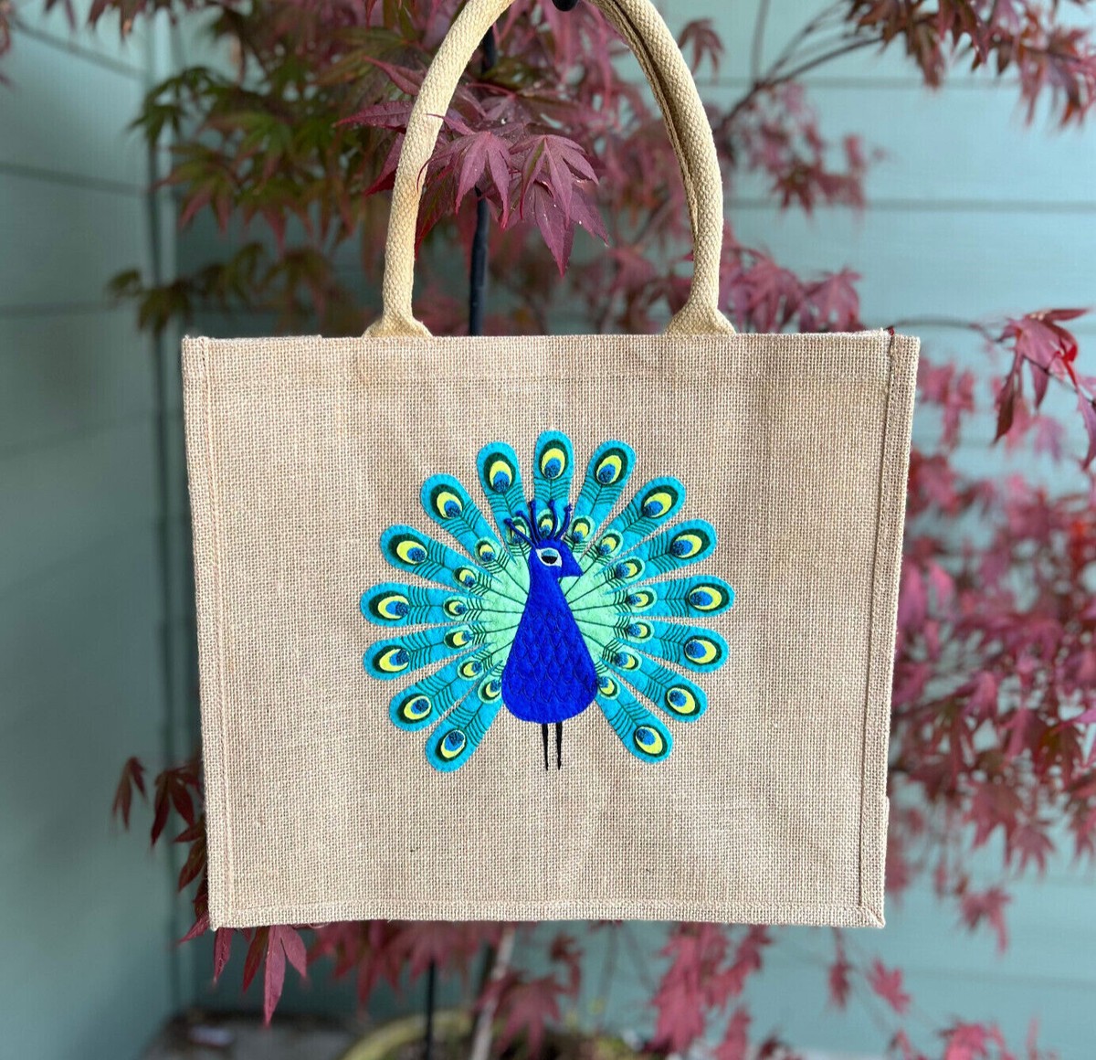 Peacock Design Burlap Tote Bag, One of a kind, hand embroidered