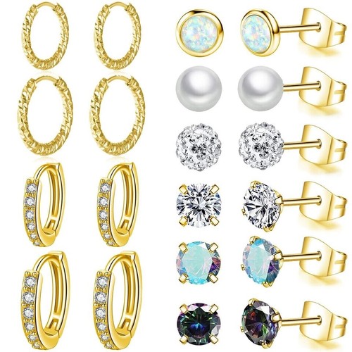 10 Pairs Stainless Steel Stud Earrings Colorful CZ Flower Stud Earrings 20G - 第 1/2 張圖片