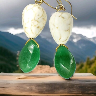  Jade Earrings Emerald Green &  White Faux Howlite Gold Tone *Presidium Tested*