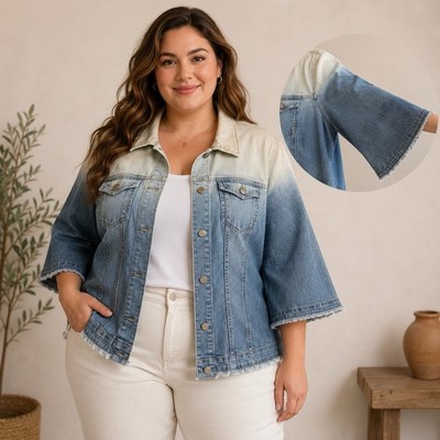 Chicos Crop Jean Jacket Ombre Blue Flare Sleeve Raw Edge Boho Soft Size 3 XL