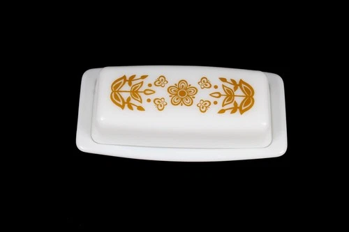 Vintage PYREX Milk Glass Covered Butter Dish Butterfly Gold Design with Lid
