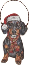 Primitives By Kathy Dachshund with Santa Hat and Scarf Wooden Christmas Ornament