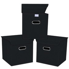 3 Pack Fabric Storage Cube Bins with Lids and Handles, Collapsible Storage Boxes
