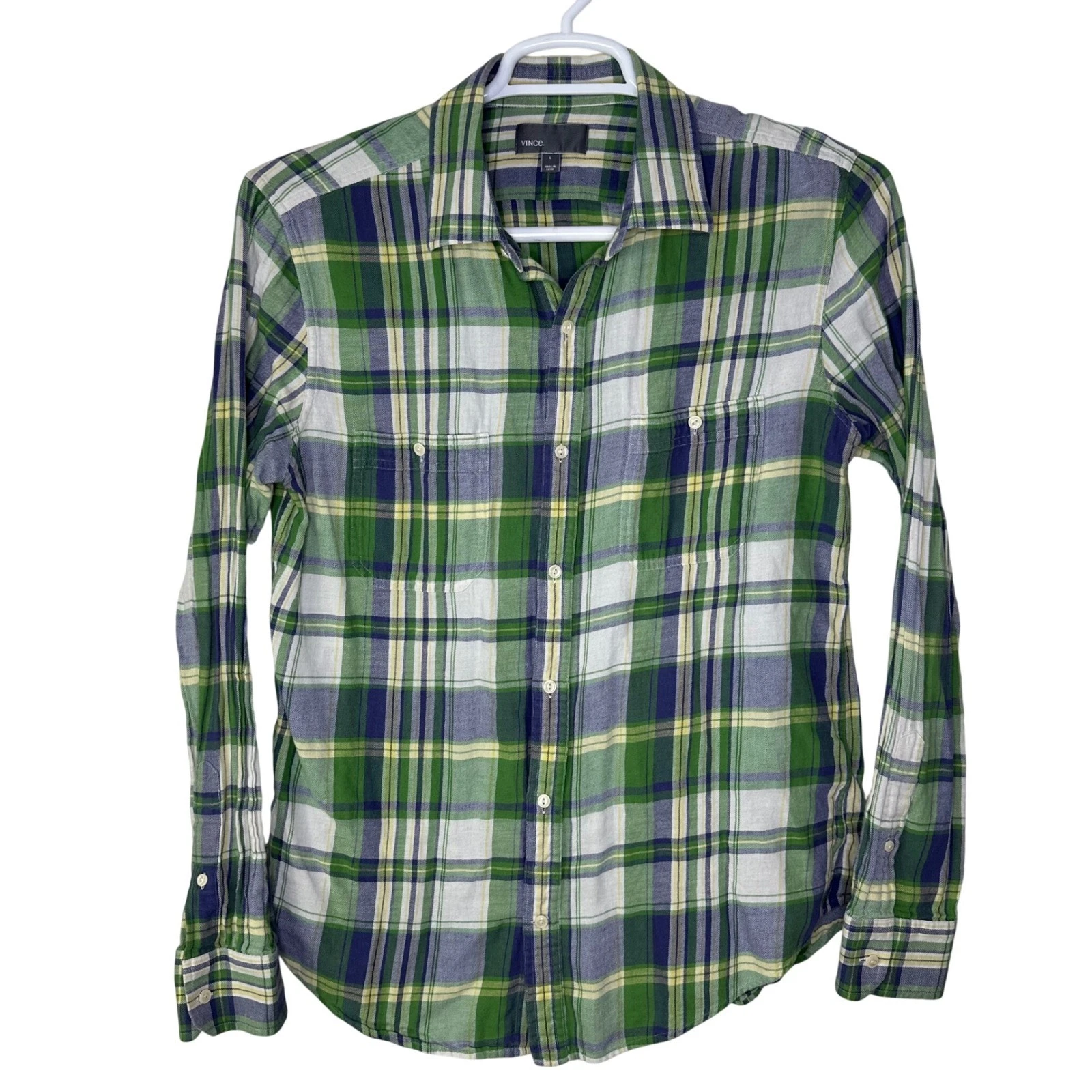 Vince Button Down Shirt Mens Large Plaid Cotton Linen Green Blue Preppy Beach
Opens in a new window