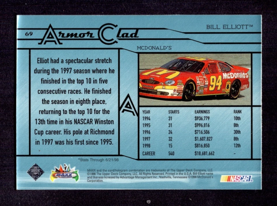 1998 Maxximum #69 Bill Elliott VG/VGEX 9399 - Image 2 of 2