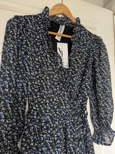 Violet Blue Black Floral short Wrap Dress Size 8 Long Sleeves Ruffle Trim