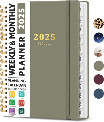 Planner Weekly & Monthly, Hardcover, Calendar Book, w/Monthly Tabs, Inner Pocket