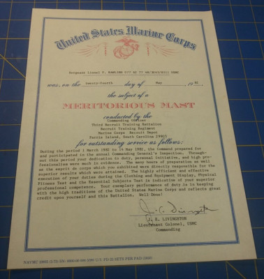  24 May 1982 USMC US Marine Corps Certificate Meritorious Mast