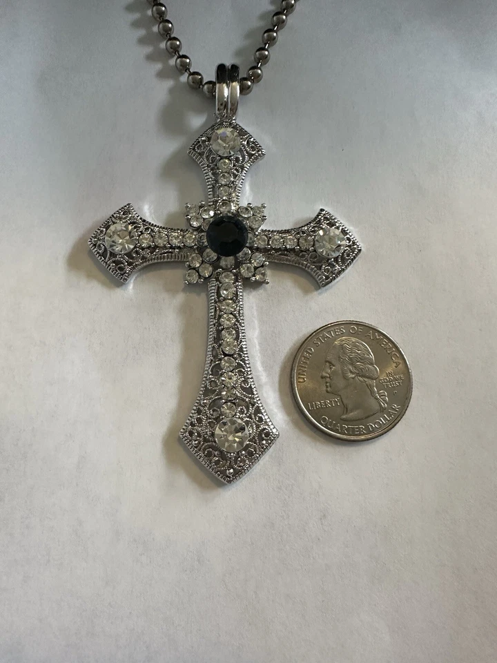 Crystal Cabochon Gothic Cross 29” Necklace Silver Toned Religious 3.5” Pendant - Image 3 of 4