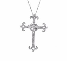 0.82 CT Diamond 18K White Gold Cross Pendant W/h 14K Chain Necklace Size16" U41