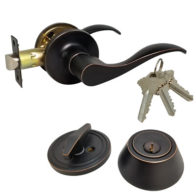 Passage Lever and Keyed Deadbolt Lock Set with Keys Entry Sc1 Oil Rubbed Bronze