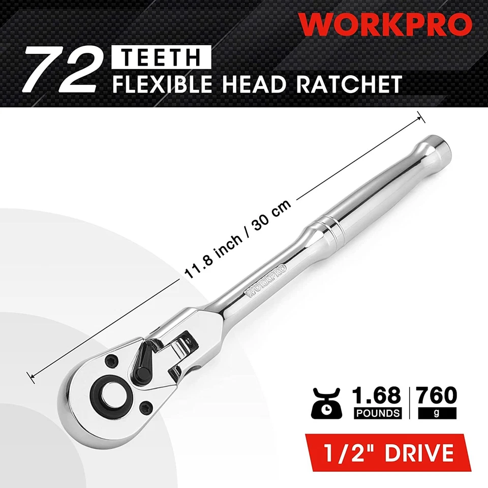 WORKPRO 1/2" Drive Flex Head Ratchet 72-Tooth Ratchet Flex Head Quick Release US - Image 3 of 4