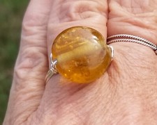 Handcrafted Amber Glass Bead Ring Silver plated wire wrapped Size 7