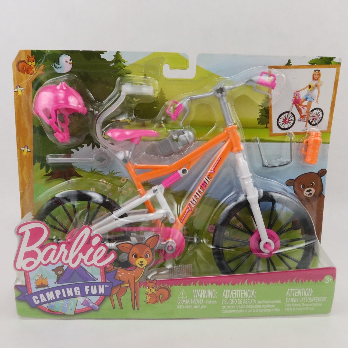 Mattel Barbie Bicycle Camping Fun Mountain Bike Helmet Stand Sunglasses  Bottle