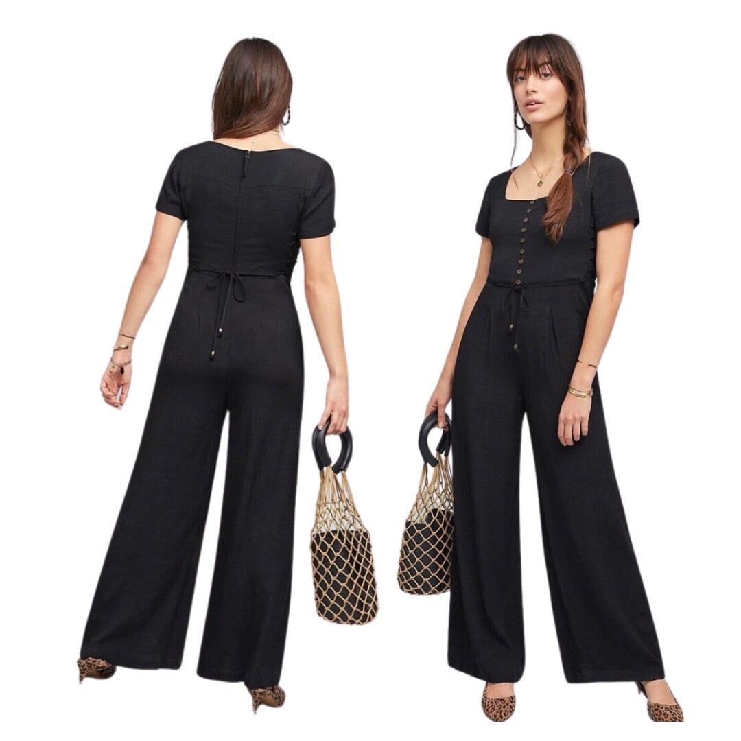 MAEVE Jumpsuit Wide Leg Black Lace Up Side Button Front Sz2P Zipper Back-image