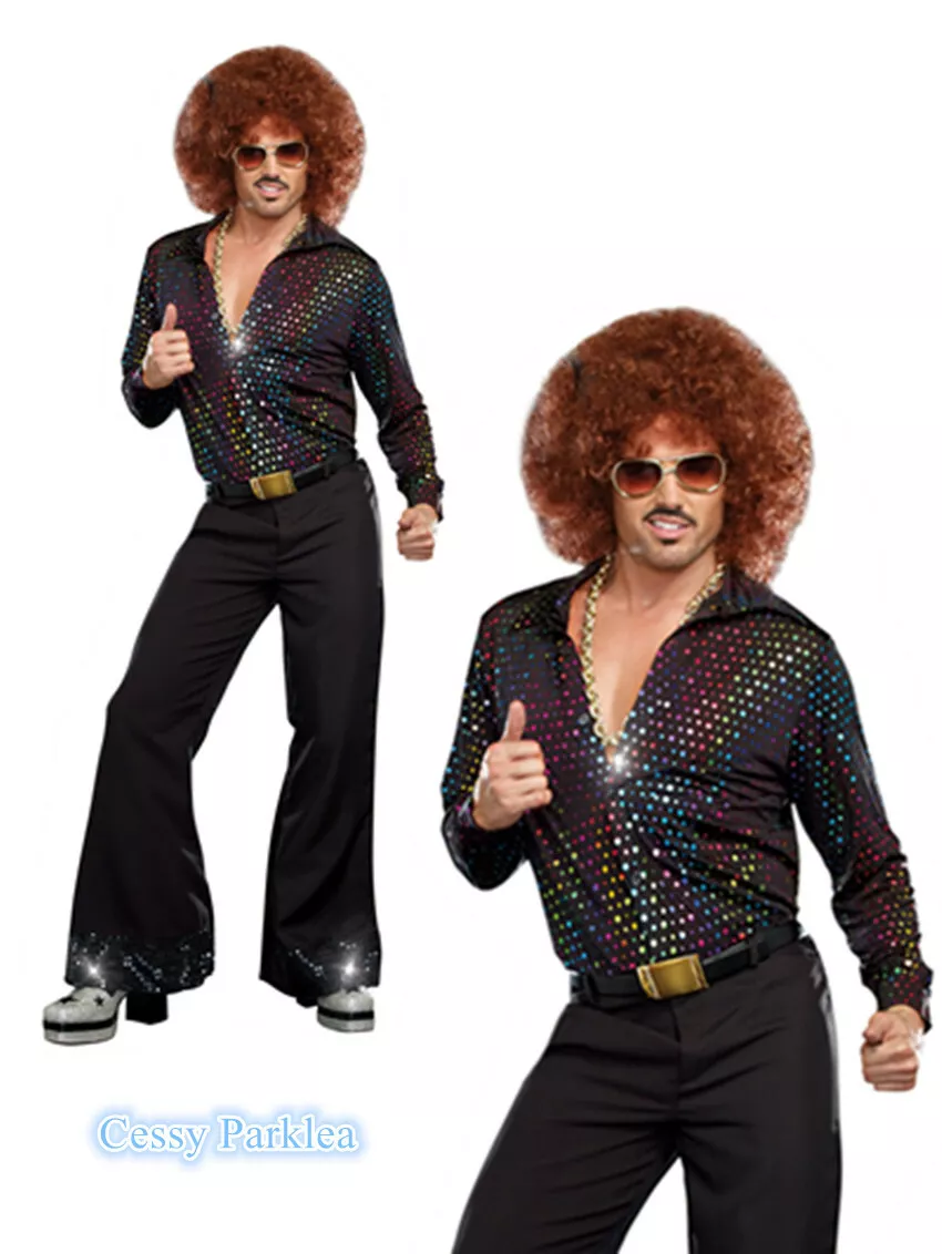 U-A2-1 Men's Disco Costume + Wig 1960s Fancy Retro 1970s Hippie