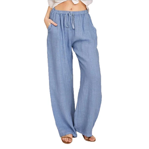 Women's Summer Drawstring Waist Wide Leg Loose Cotton Linen Palazzo Comfy Pants - Bild 11 von 43