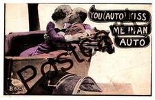 1914 You  Auto  Kiss Me in an Auto, couple kissing in back seat,  postcard jj011