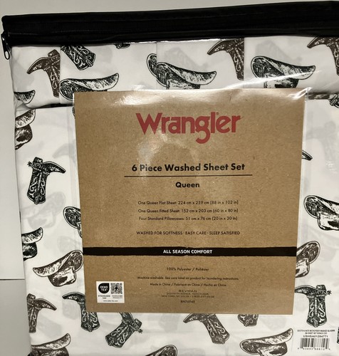 Wrangler 6 Pc Queen Sheet Set Western Cowboy Hats Boots Country Decor NEW - Picture 4 of 4