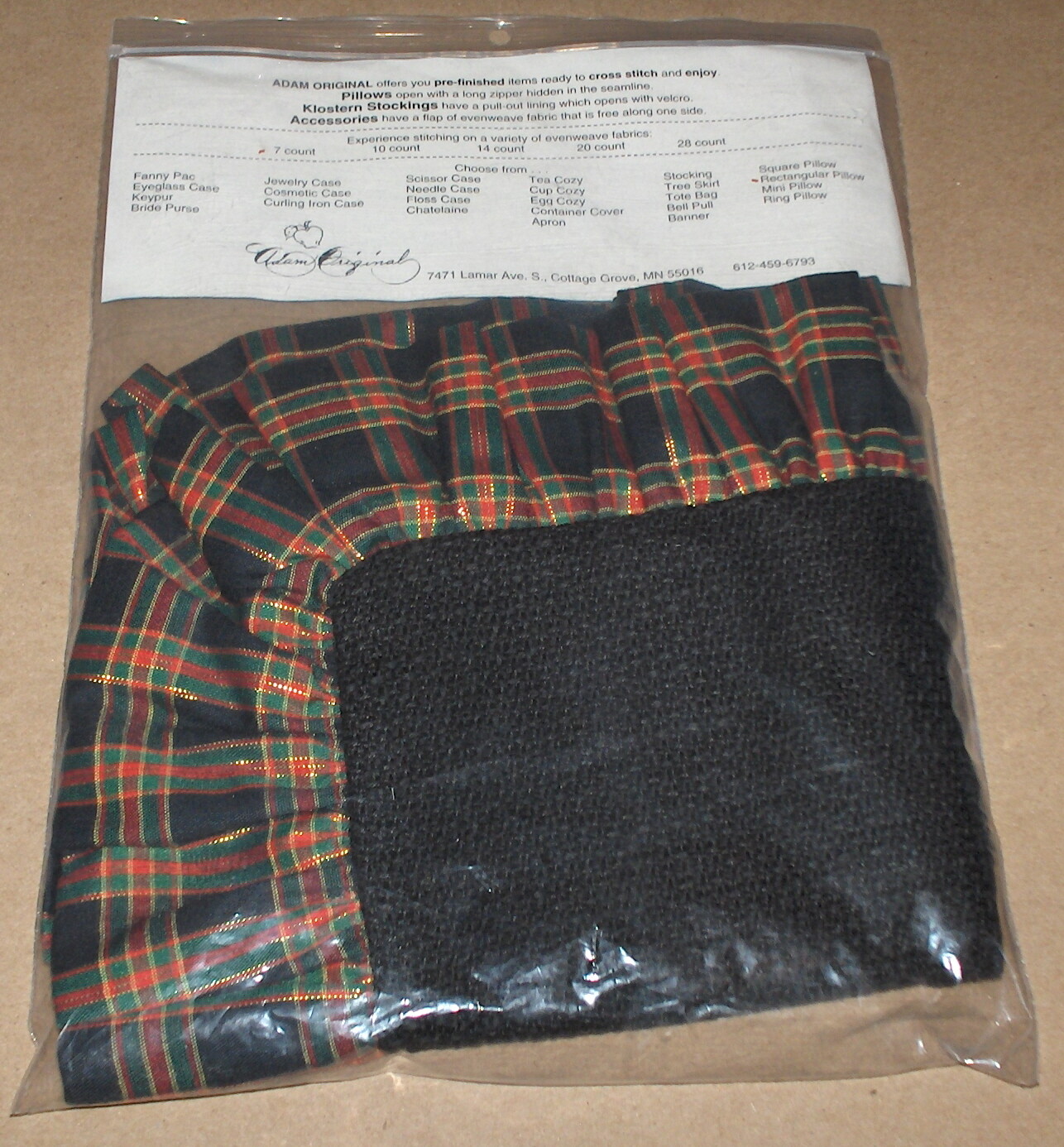 Adam Original Christmas Plaid Ruffle Pillow w/ Black Cross Stitch Fabric NIP