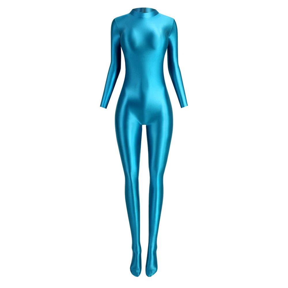 MJINM Women's Stretch Gloss Silky Jumpsuits Sport Bodysuit Short zipper Overall - Picture 10 of 30