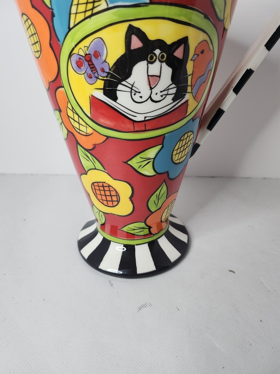 Catzilla Candace Reiter Floral Cat Pedestal Pitcher Whimsical