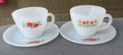 VINTAGE FIRE KING MILK GLASS CUP & SAUCER SETS-2 ROSE SAUCERS-1 CUP-1 TULIP CUP