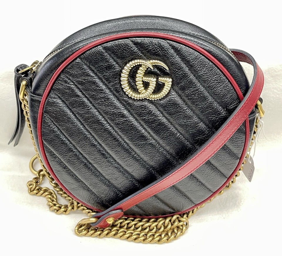 GUCCI GG Marmont Round Mini Shoulder Bag 550154 Black Bordeaux Leather