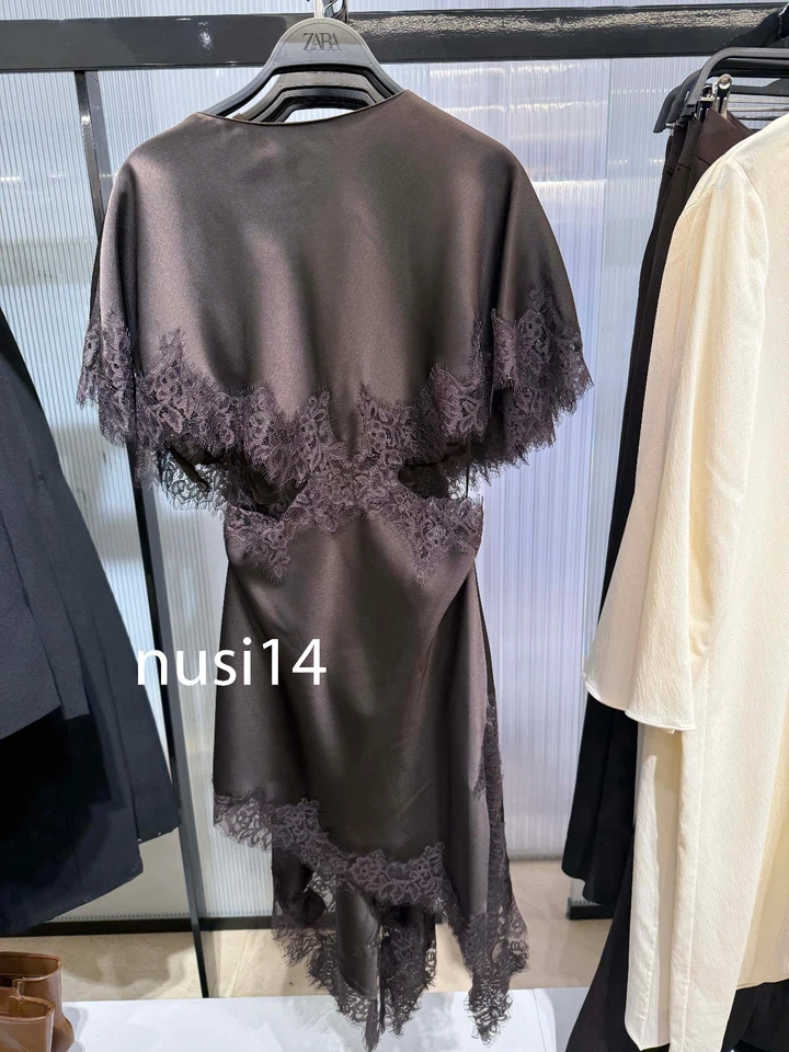 ZARA NEW WOMAN ASYMMETRIC ZW COLL LACE CUT-OUT DRESS DK.BROWN XS-XL 5919/213/716 - Image 2 of 3