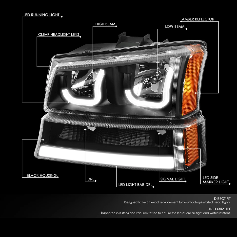 [3D LED J-HALO DRL]PARA 03-07 CHEVY SILVERADO FAROS PARACHOQUES LÁMPARAS NEGRO/ÁMBAR Foto 2 de 4