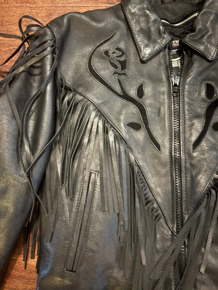 FIRST Genuine Leather Fringe Biker Jacket Fringe Inlay Rose Design Thinsulate - Image 3 of 4