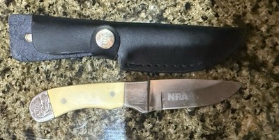 Vintage Custome NRA Bone Handle Knife And NRA Sheath With Filigree Etched.