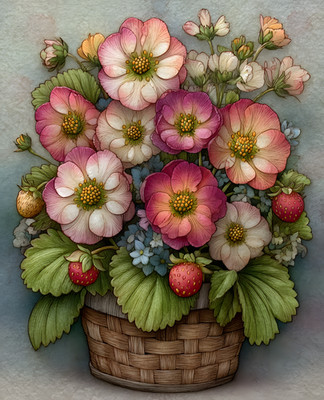 8x10 Cozy Storybook Basket of Flowers Art Print Classic Illustration - 264257109