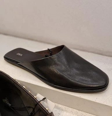 ZARA NEU MIT ETIKETT 2025. SCHWARZE LEDER PANTOLETTEN SCHUHE RUND SPITZ ZULAUFEND. 1563/610/800