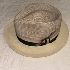 Vintage CAPAS Straw Fedora Hat Black Tan Feather Mens Size Medium USA NEW