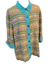 Y2k Bob Mackie Wearable Art Teal Silk Blouse Sz L Brass Buttons Extra Button