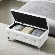 White Faux Leather Storage Ottoman Bench with Crystal Buttons Footrest