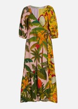 Farm Rio Mixed Print Wrap Midi in Light Pink Fruit Linen Blend Dress XS