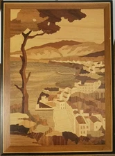 Italian Village Coastal Scene By Sorrento Marquetry Wooden Inlay Picture 11x15”