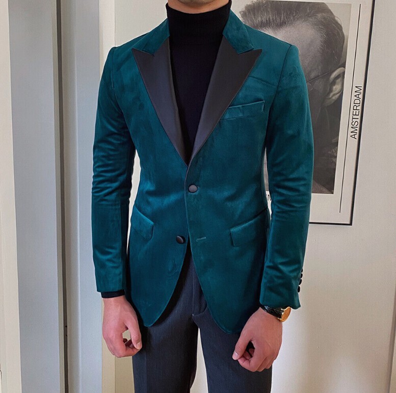 Men's Turquoise Barge Collar Suit Jacket Business Casual Fashion