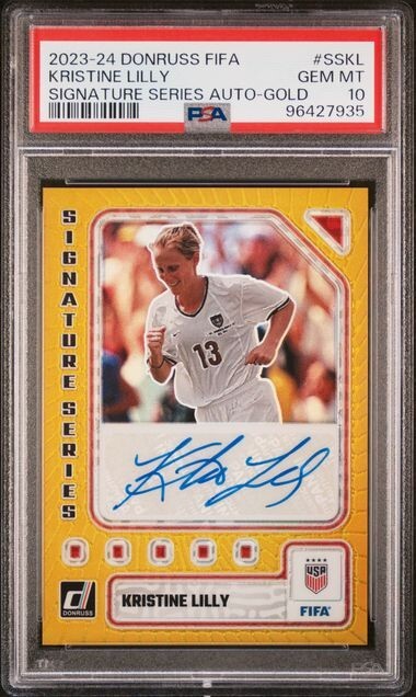 2023-24 Donruss FIFA Kristine Lilly Signature Series Auto Gold Prizm /10 PSA 10